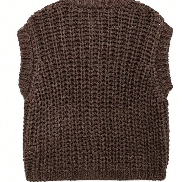 Brown Casual Women's Minimalist Chunky Knit Sleeveless Round Neck Sweater Vest - Picture 4 of 5